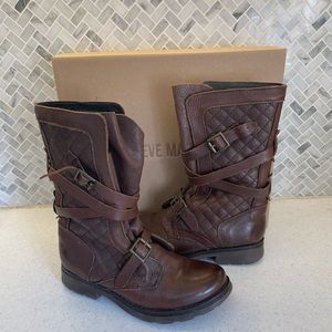 Steve Madden Bounty Brown Quilted Leather Moto Boots